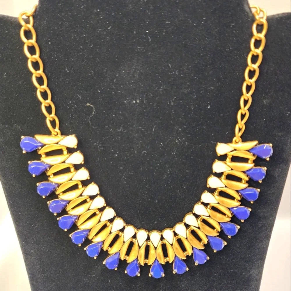 J. Crew Gorgeous Gold, Blue And White Statement Necklace